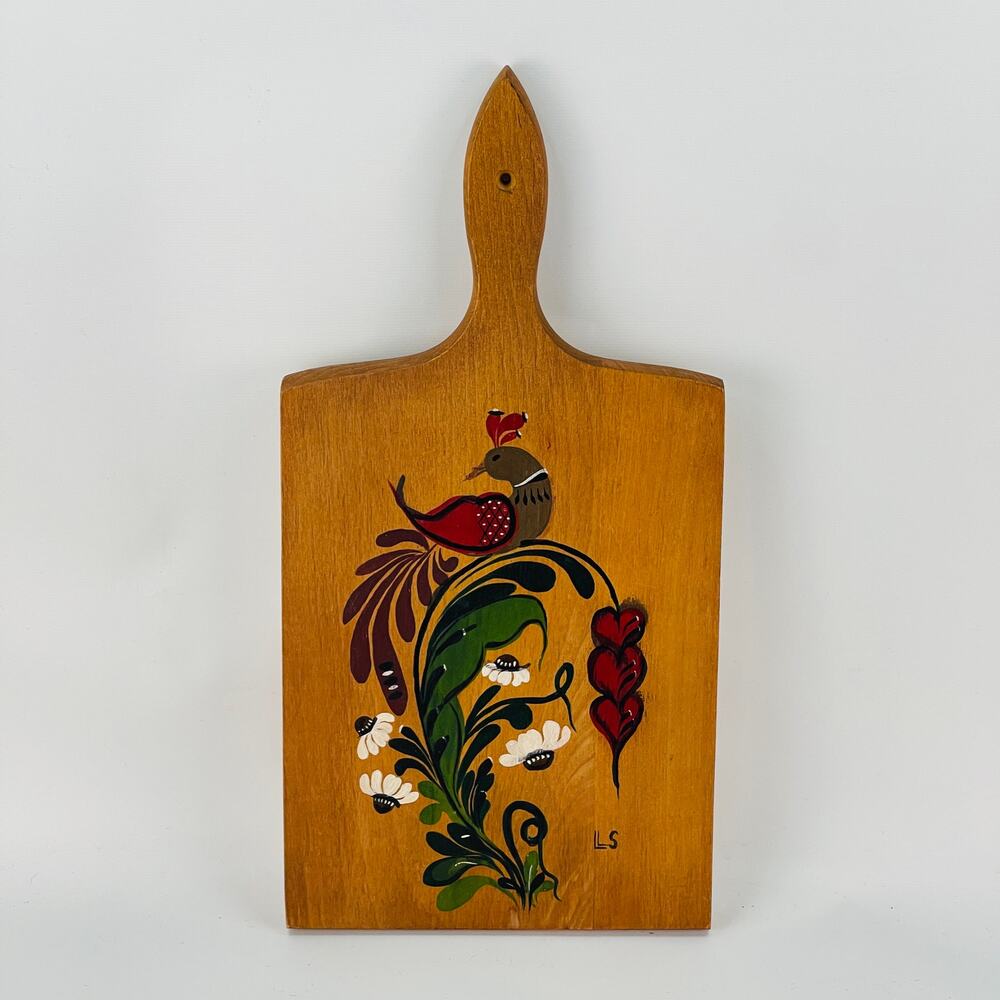 Hand Painted Folk Art Cutting Board Wall Hanging Bird Flowers - Picture 5 of 5